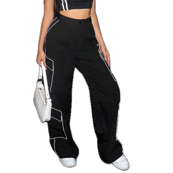 New XS Oversized Black Wide Leg Cargo Pants White Outline Piping Grunge Goth 90s - Picture 4 of 10